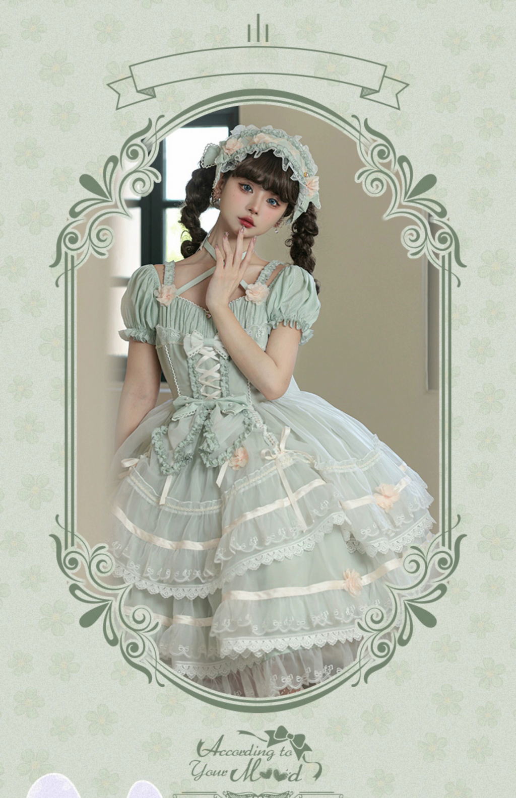 Ribbon embroidered lace dress and head dress available in 8 colors