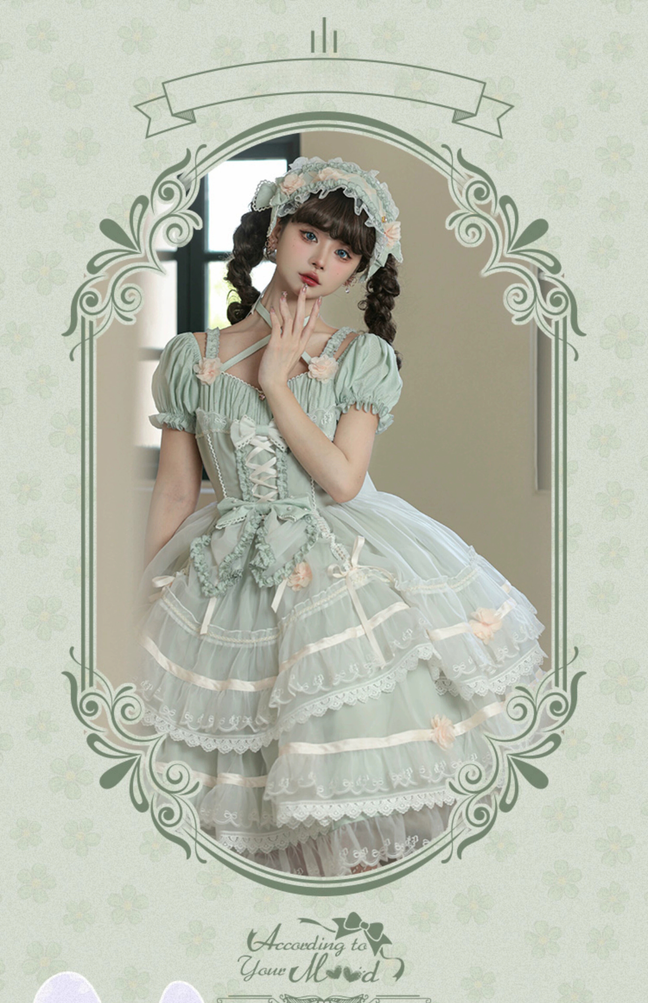 Ribbon embroidered lace dress and head dress available in 8 colors