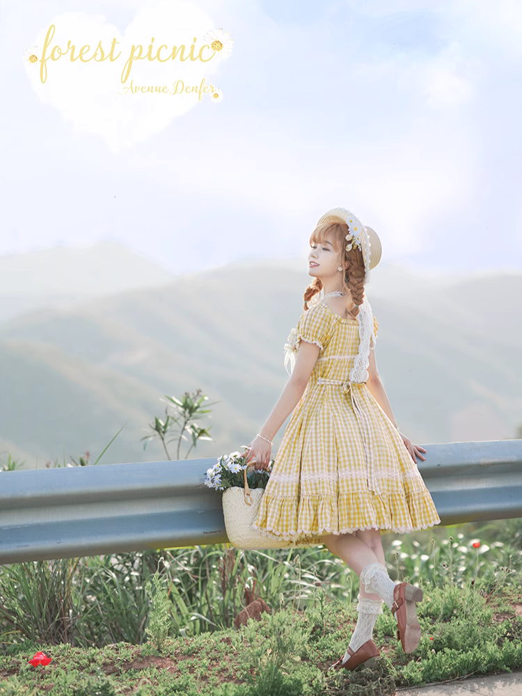 Day's eye Gingham check retro short sleeve dress, 3 colors