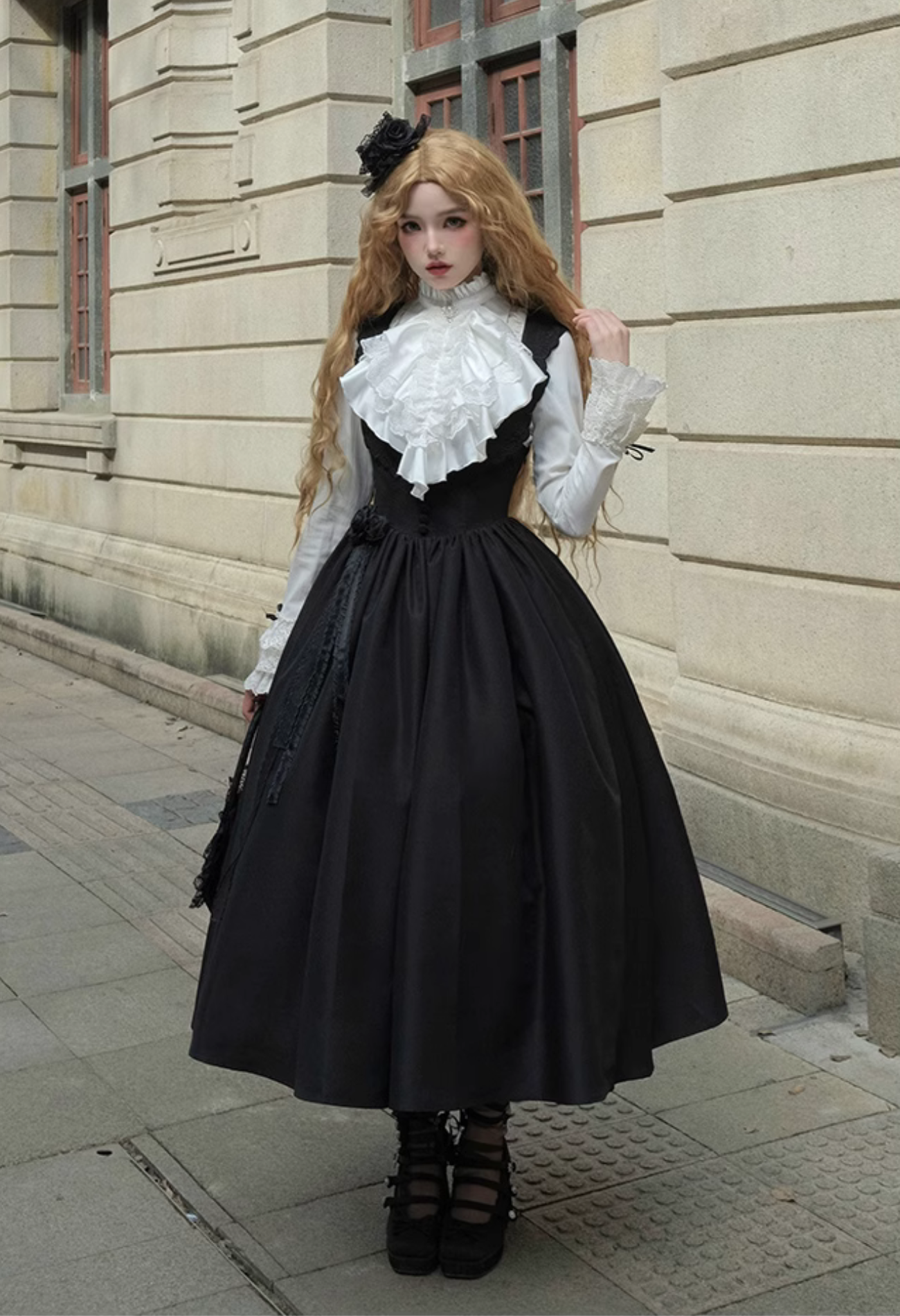 Black rose embroidered collar jumper skirt and jacket, long length