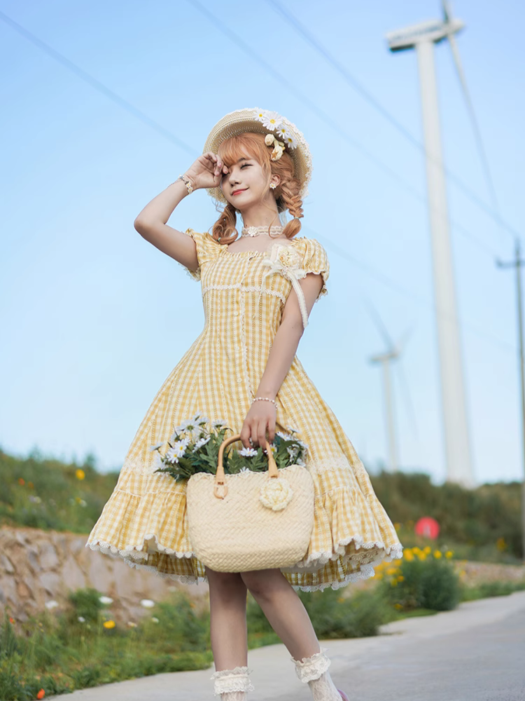 Day's eye Gingham check retro short sleeve dress, 3 colors