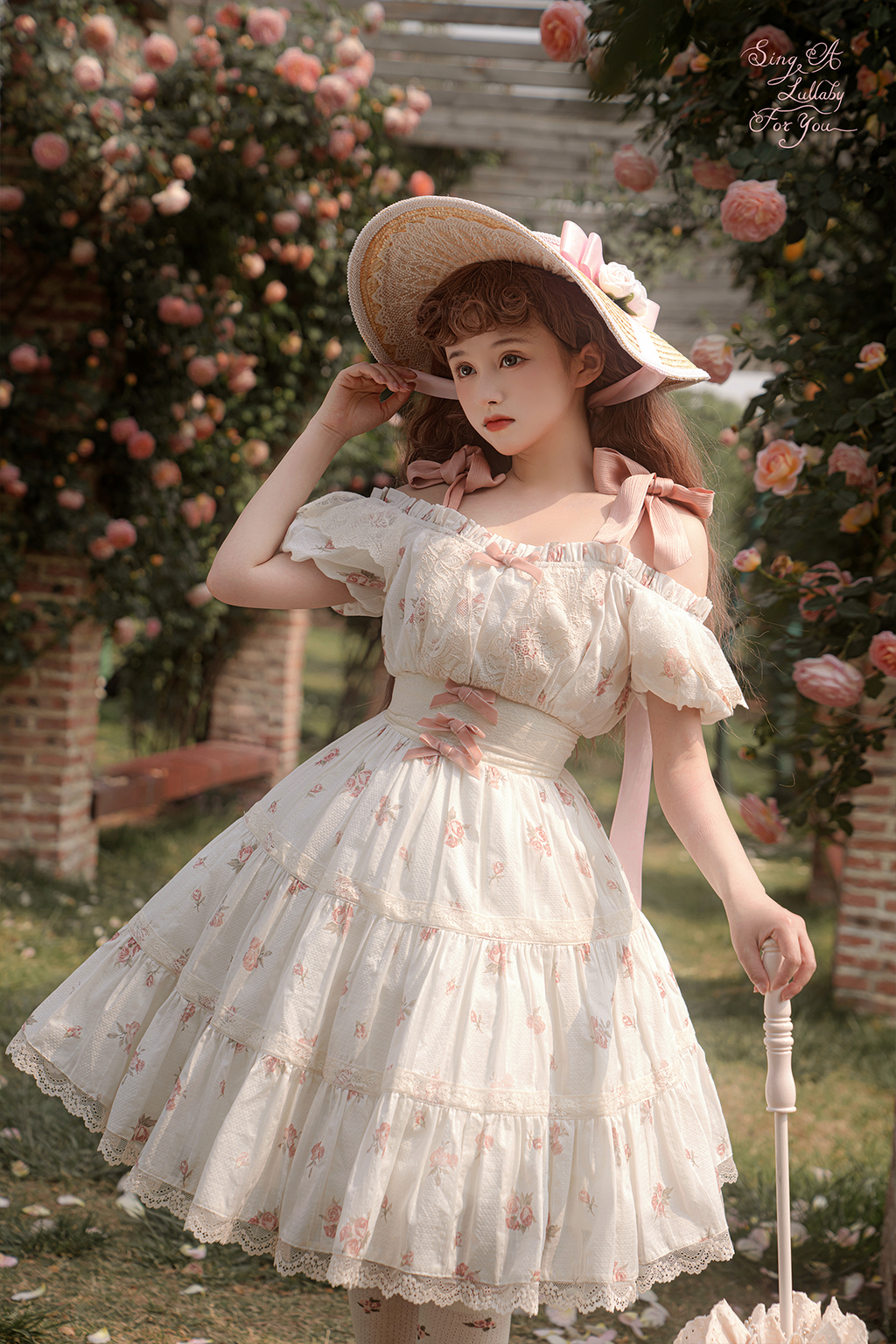 Blooming Rose ピンクリボンのオフショルダー半袖ワンピース