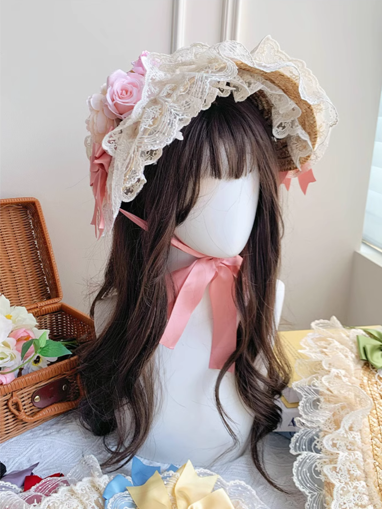 薔薇とリボンのストローハットボンネット