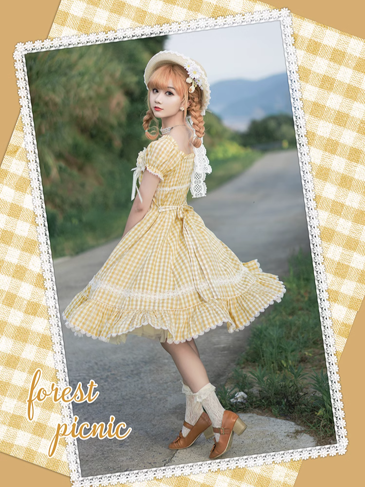 Day's eye Gingham check retro short sleeve dress, 3 colors