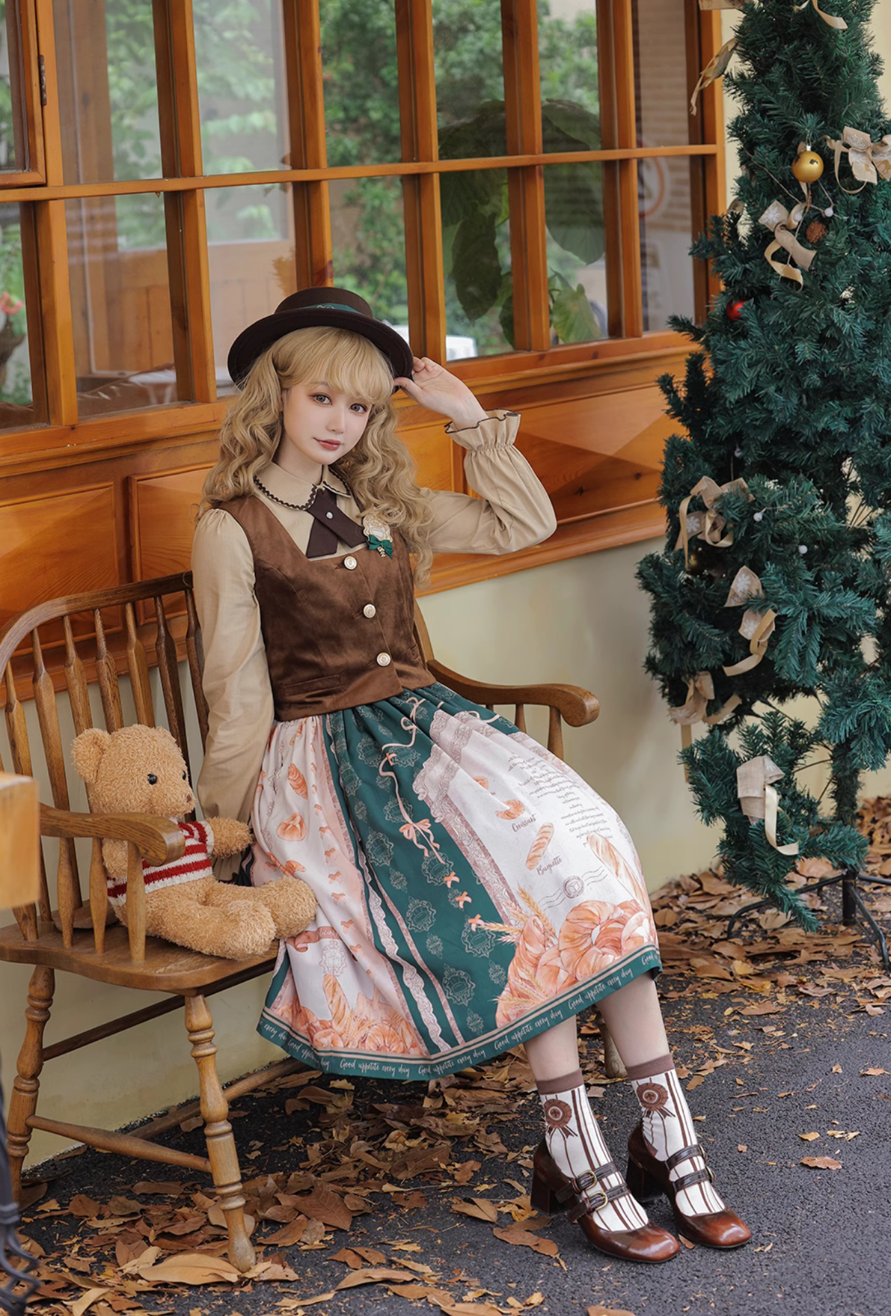 Bread morning 2way suspender skirt with bread and ribbon