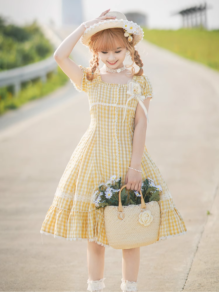 Day's eye Gingham check retro short sleeve dress, 3 colors
