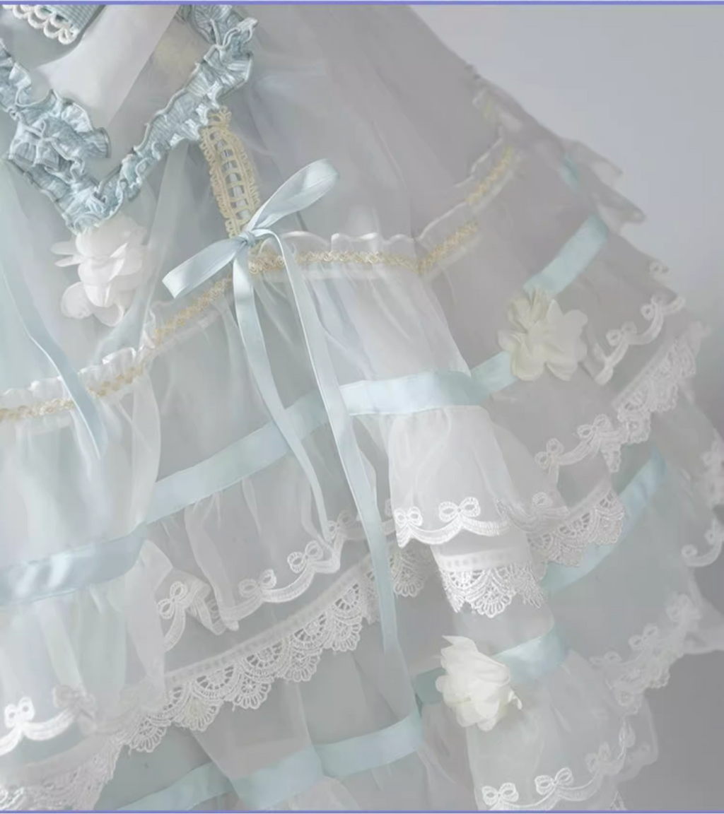 Ribbon embroidered lace dress and head dress available in 8 colors
