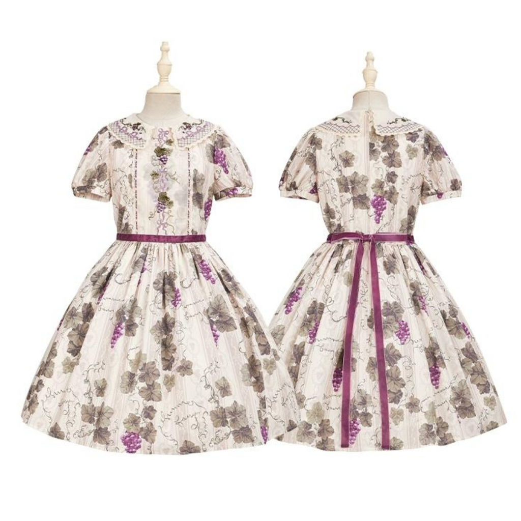 Sunny Rouge Grape pattern embroidered collar short sleeve dress