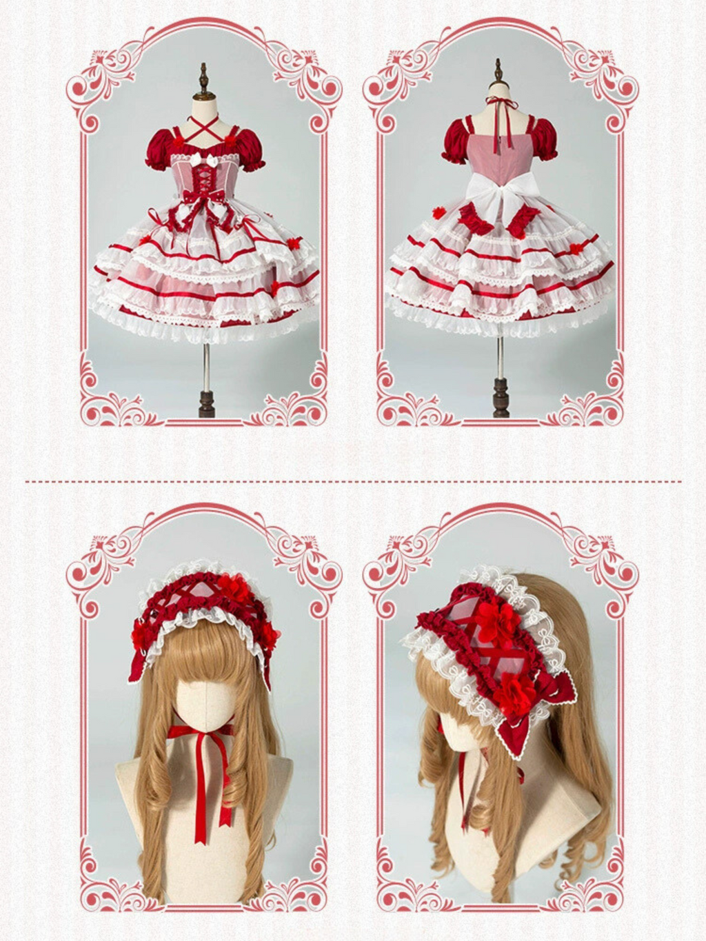 Ribbon embroidered lace dress and head dress available in 8 colors