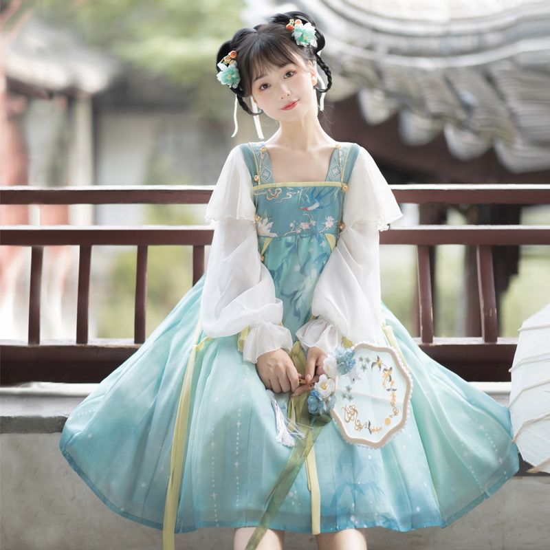 Hana loli dress with green and blue flower embroidery