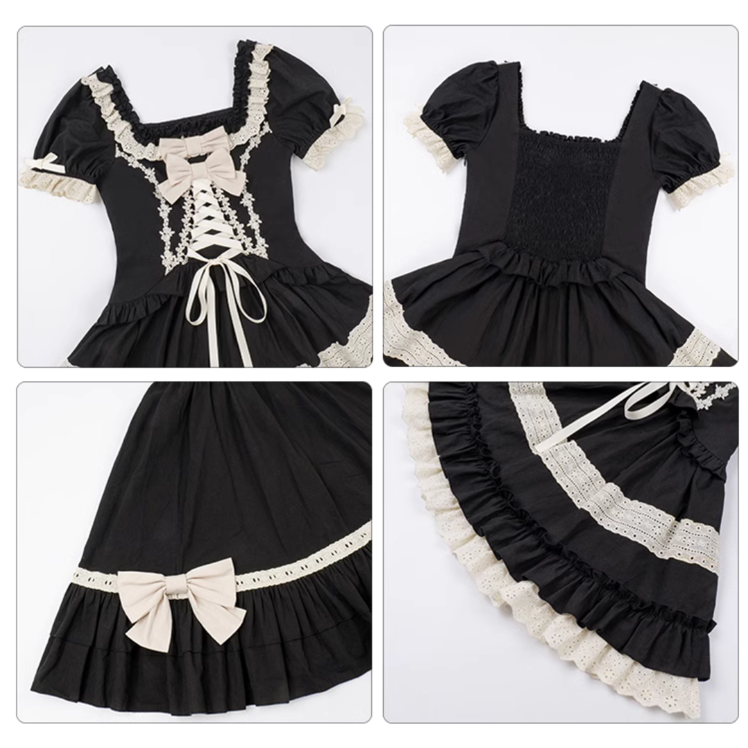 Seventh Night Chapter Front Ribbon Dress with Inner Skirt, Attached Sleeves, and Choker