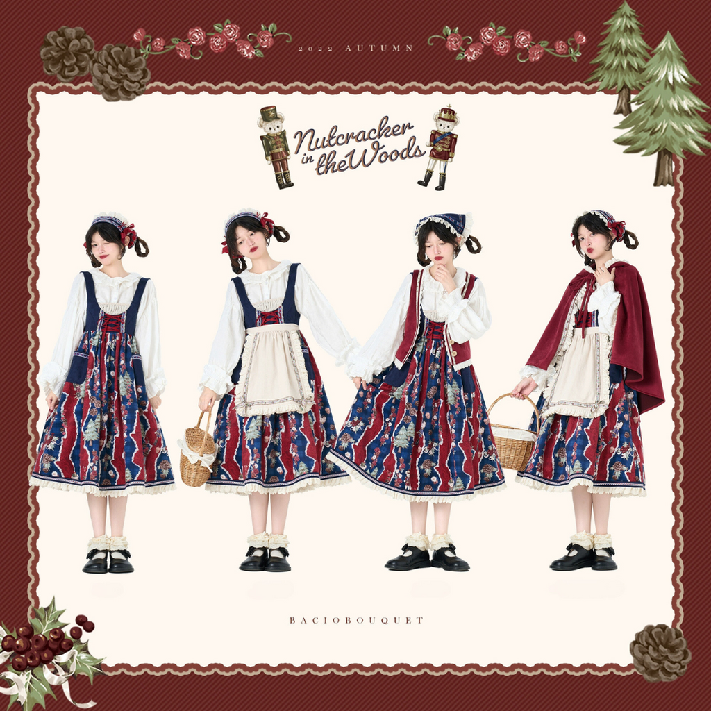 Nutcracker Bear Country-style Floral Embroidered Jumper Skirt