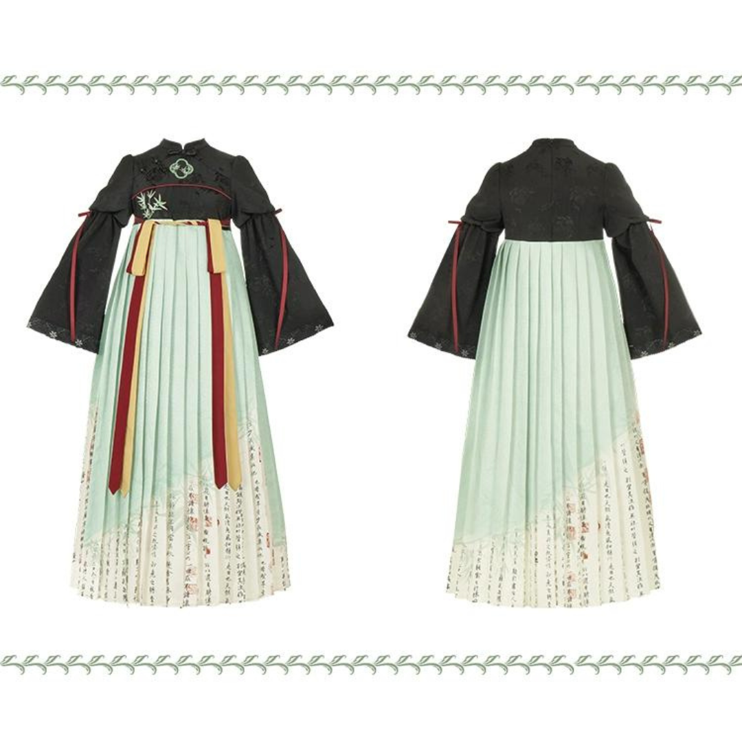 White green bamboo pattern Hanfu style fake two piece dress