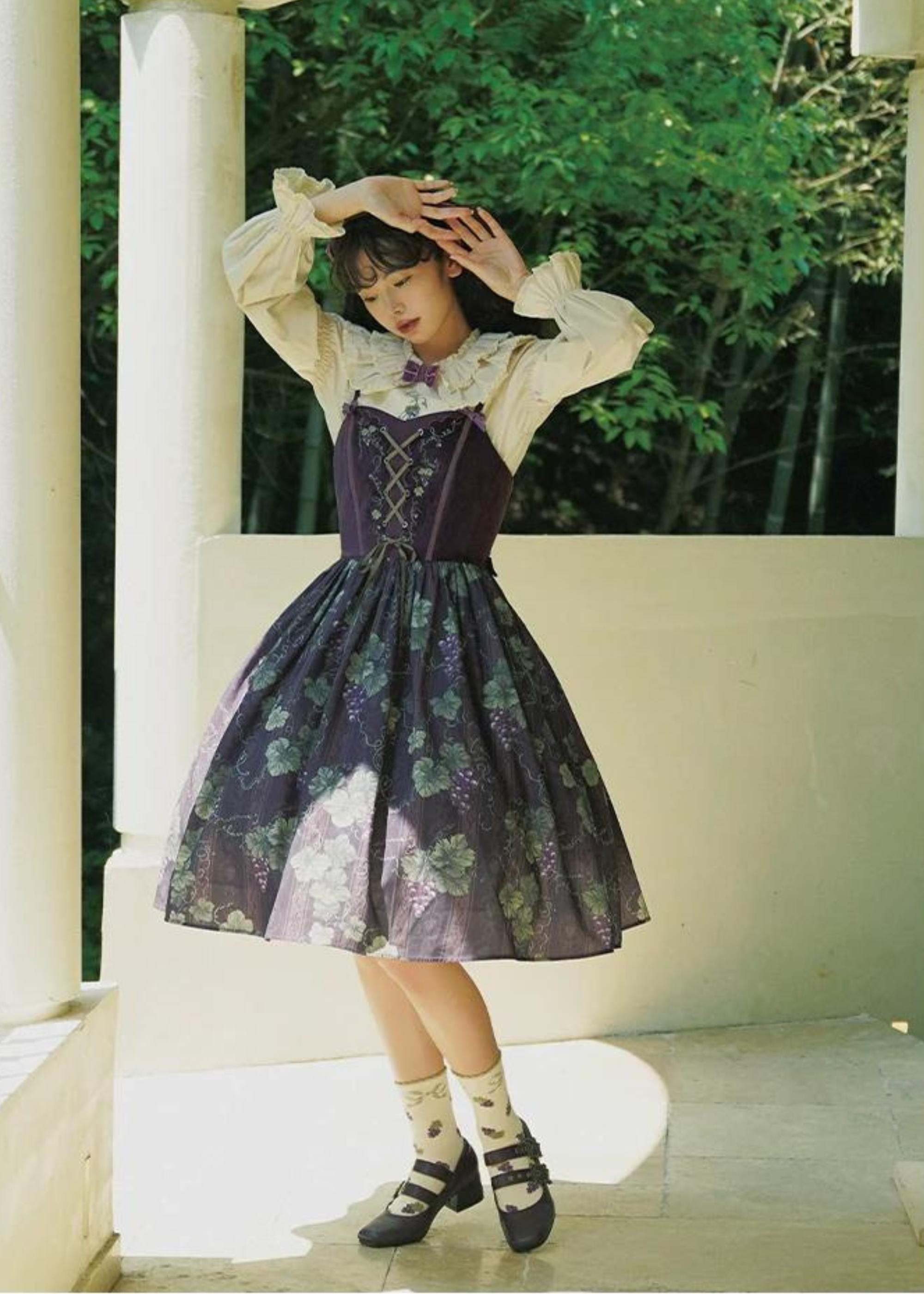Sunny Rouge Grape pattern front ribbon jumper skirt
