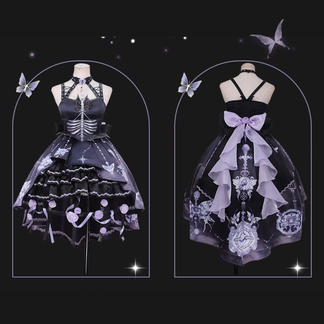 [Pre-order] Bat Wings skeleton pattern jumper skirt and purple rose crinoline