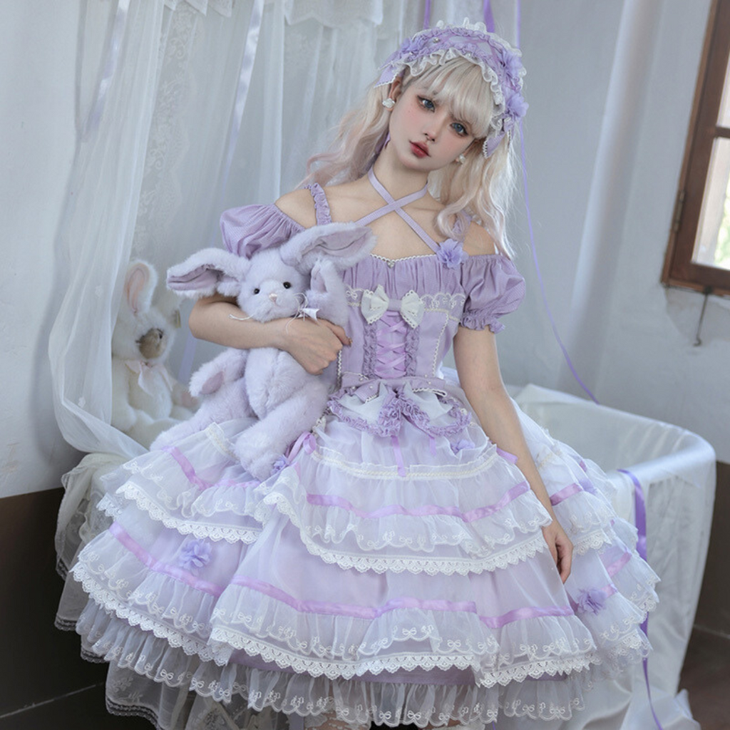 Ribbon embroidered lace dress and head dress available in 8 colors