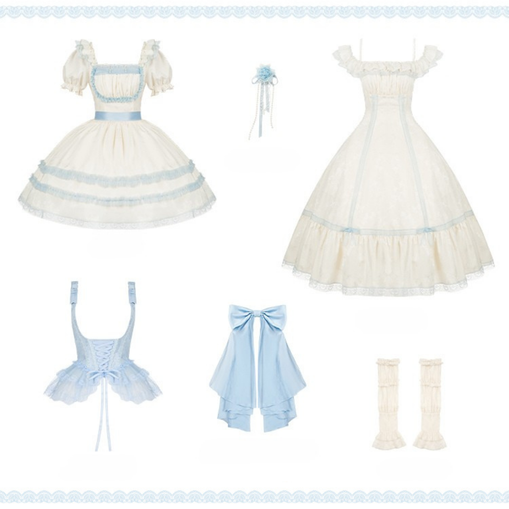 【予約販売】Sea Salt Iced Tea ライトブルージャガードワンピースセット・ショート丈