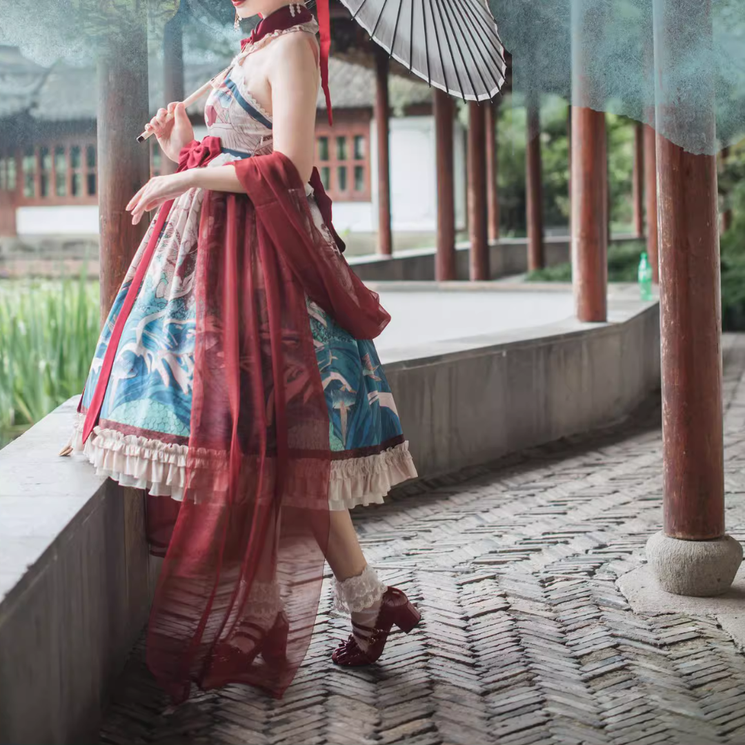 Bare shoulder Chinese style summer dress