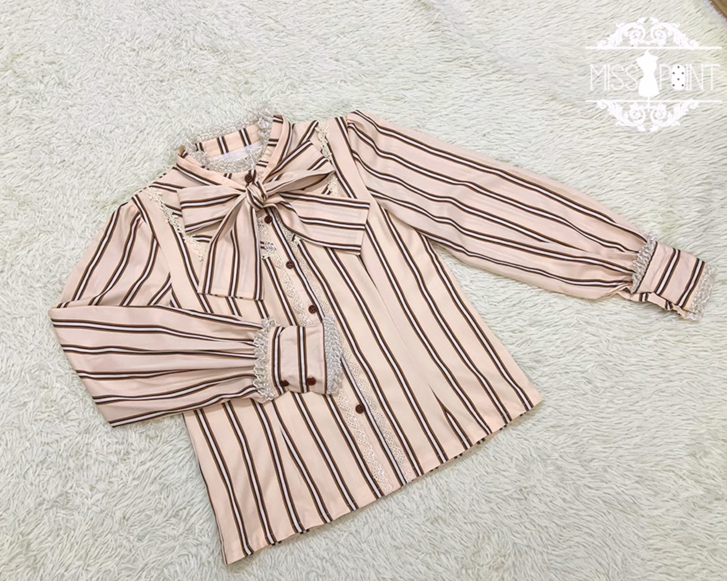 Coffee Break Striped Ribbon Tie Blouse [20% off when purchased together]
