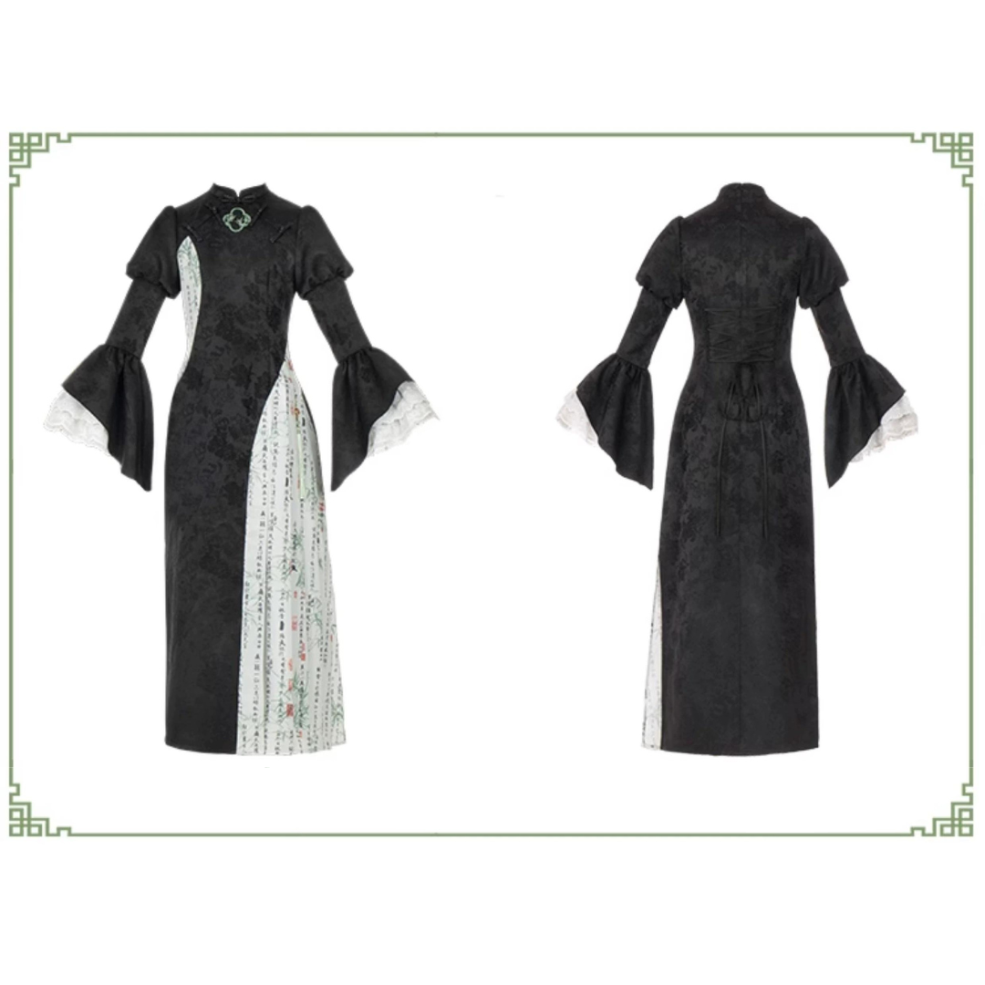 White green bamboo pattern slit style long dress