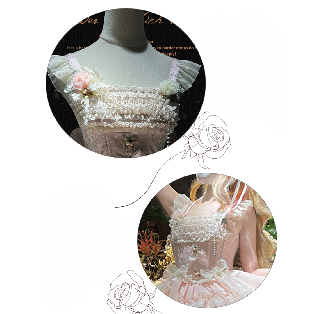 バラの涙 刺繍レースのミニ丈ジャンパースカート・ピンク