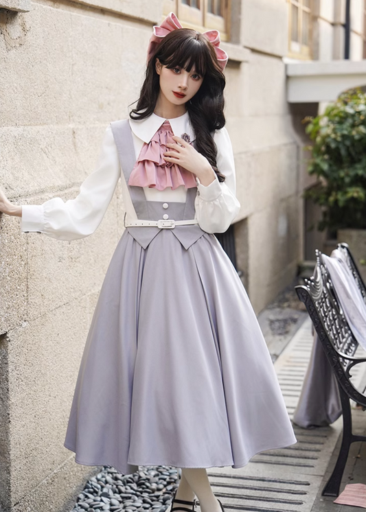 Pink Gray School-style fake two-piece dress 4-piece set