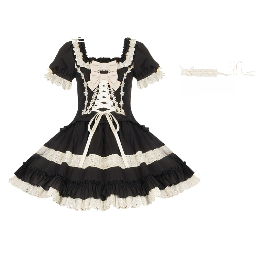 Seventh Night Chapter Front Ribbon Dress with Inner Skirt, Attached Sleeves, and Choker