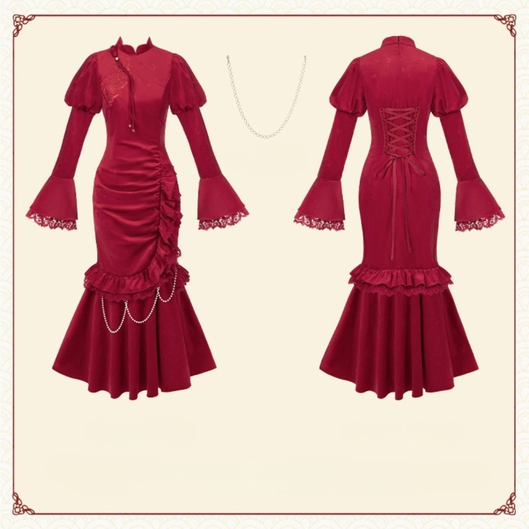 紅蝶 バタフライ刺繍のチャイナ風ドレス