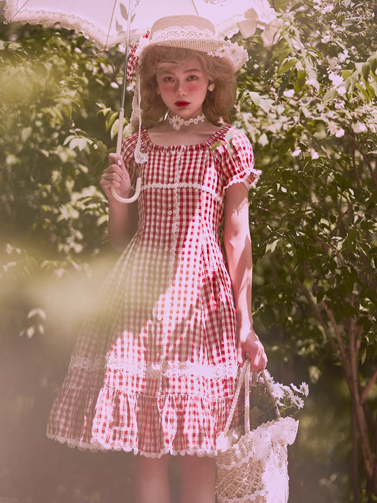 Day's eye Gingham check retro short sleeve dress, 3 colors