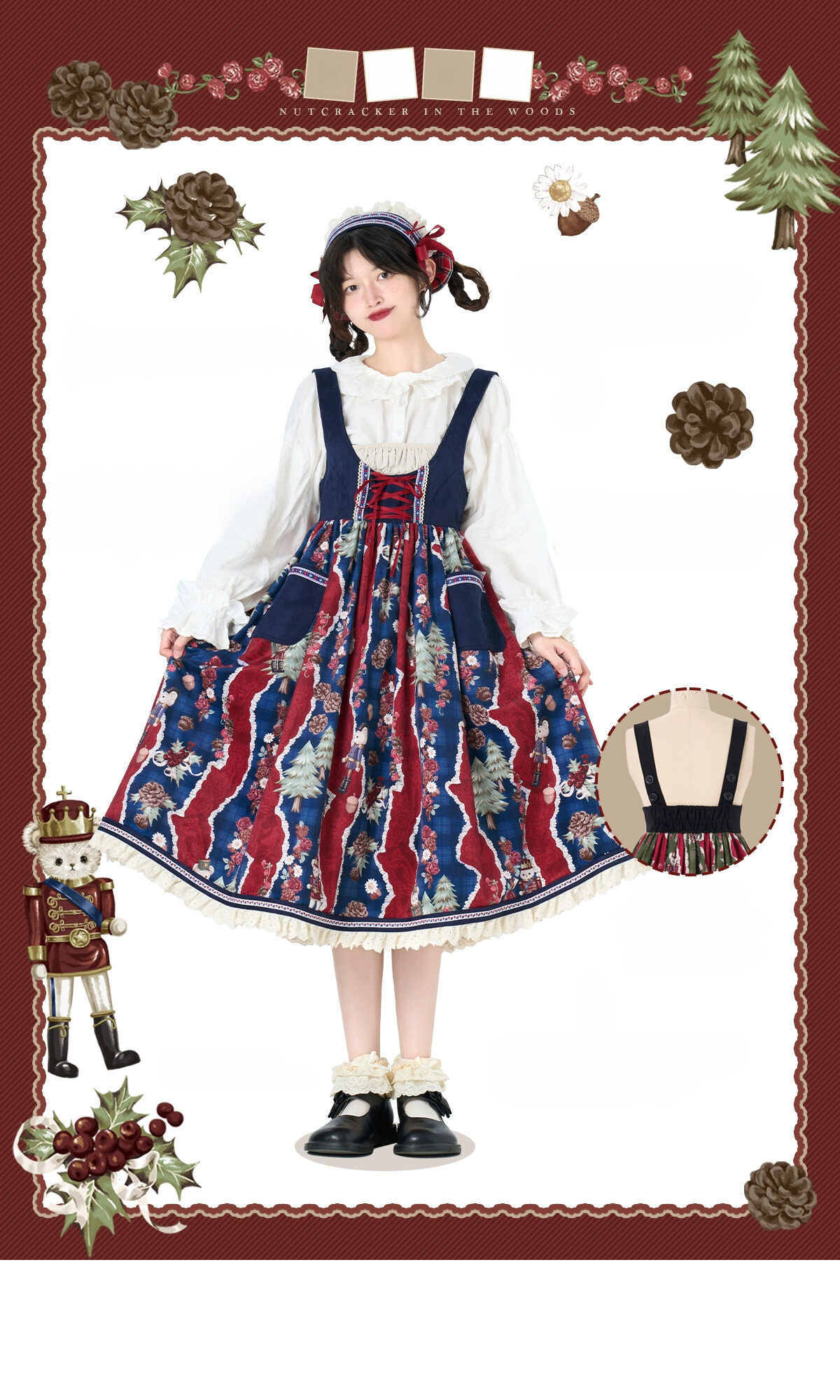 Nutcracker Bear Country-style Floral Embroidered Jumper Skirt