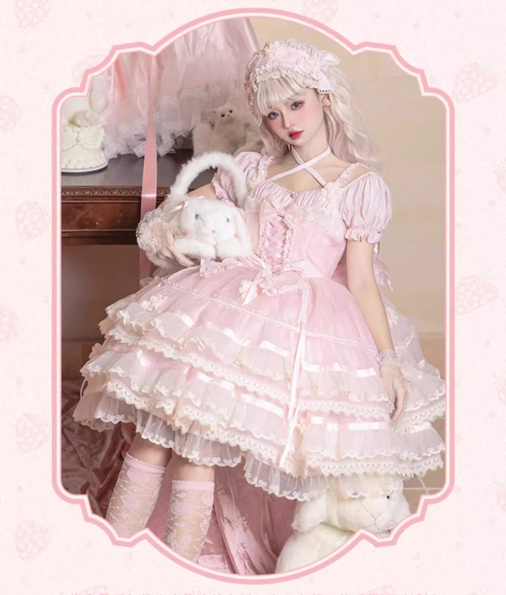 Ribbon embroidered lace dress and head dress available in 8 colors