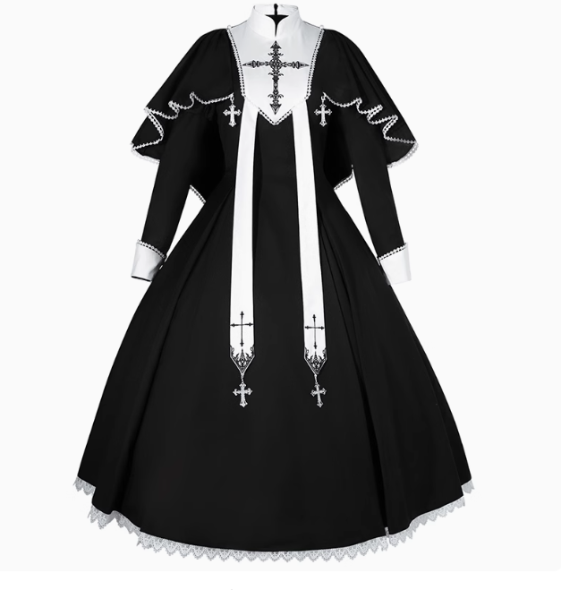 Nun-style cross-design gothic lolita long dress and cape