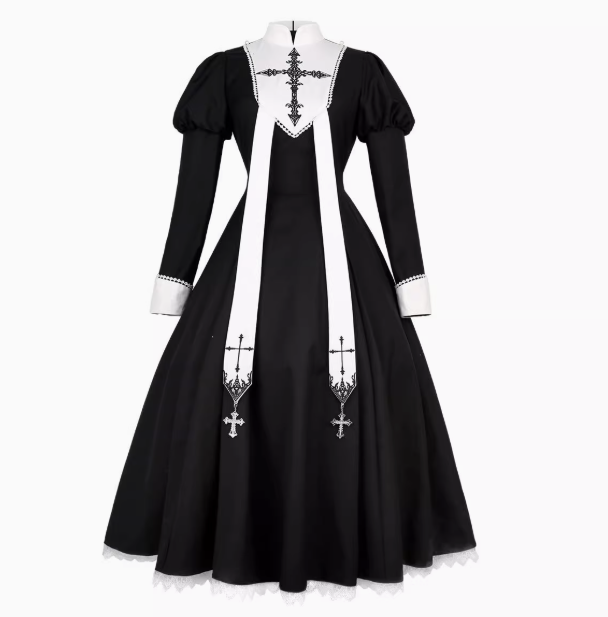 Nun-style cross-design gothic lolita long dress and cape