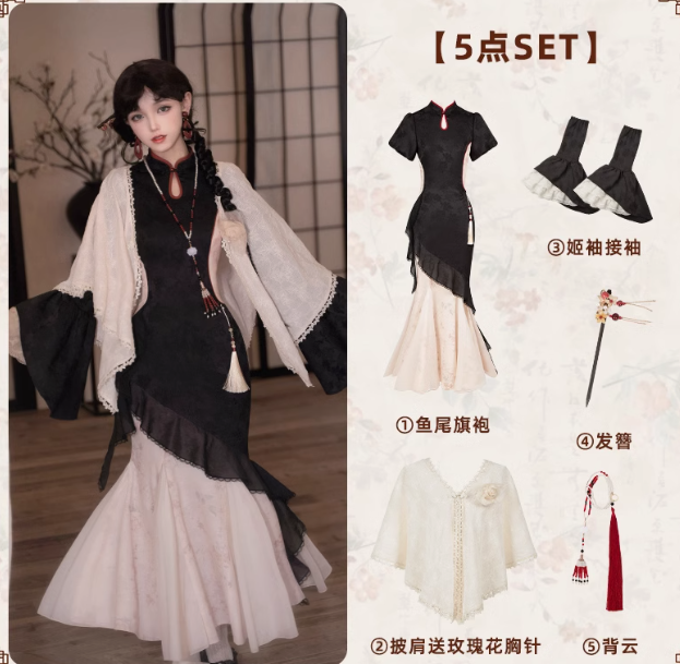 Ling Xiaohua Mermaid Line Floral Long Dress Single Item/5 Piece Set