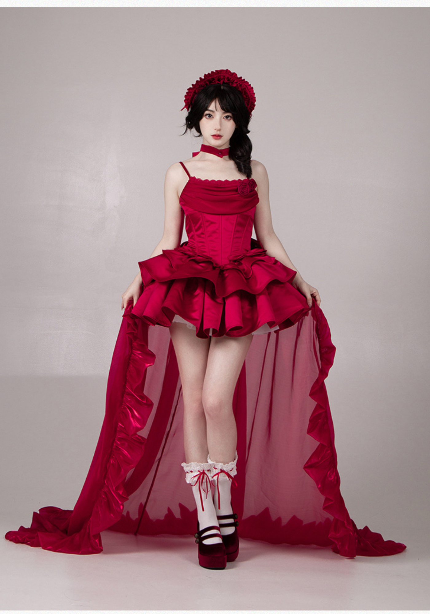 バラとリボンの3段フリルジャンパースカートセット