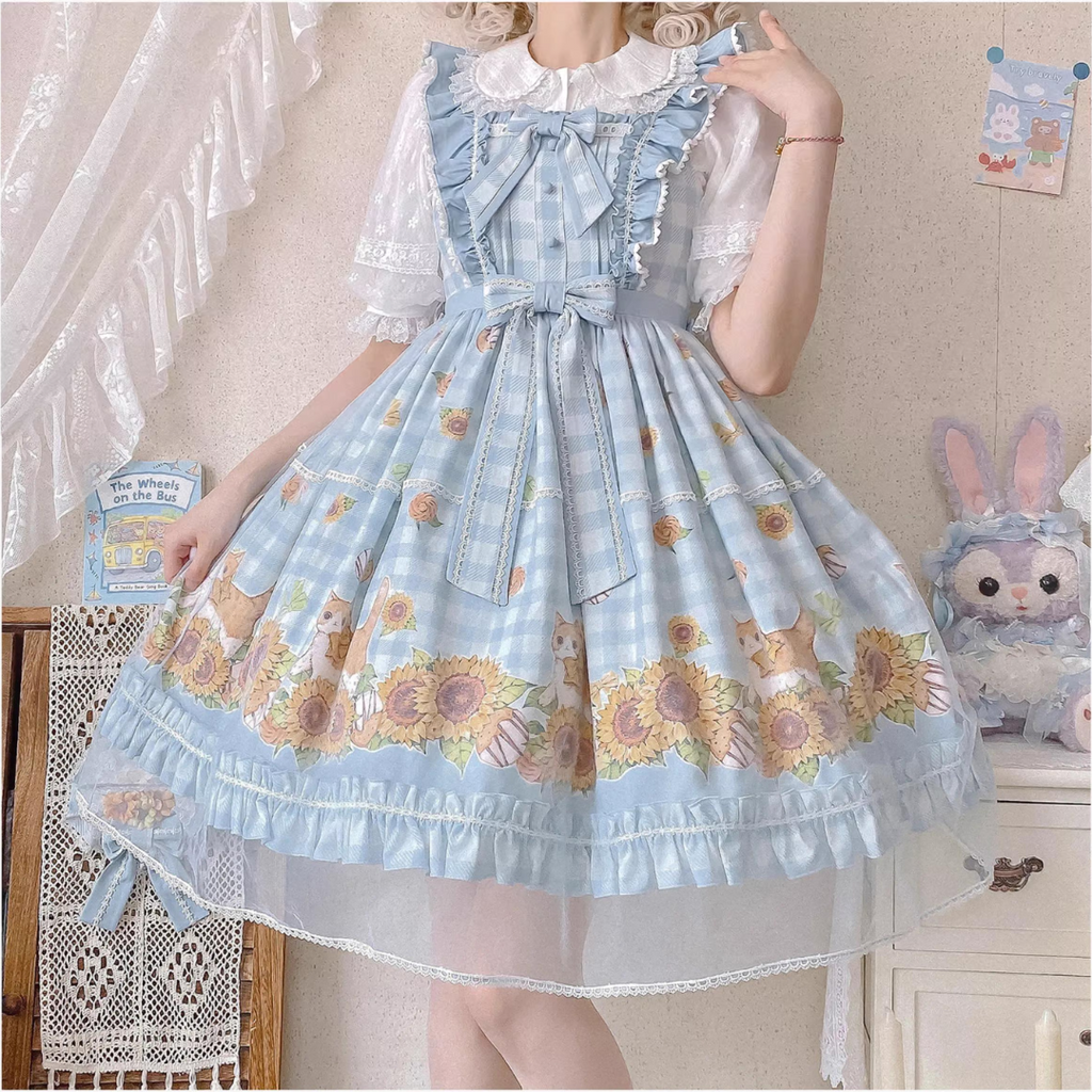 Cat and Sunflower Gingham Check Jumper Skirt Available in 3 Colors