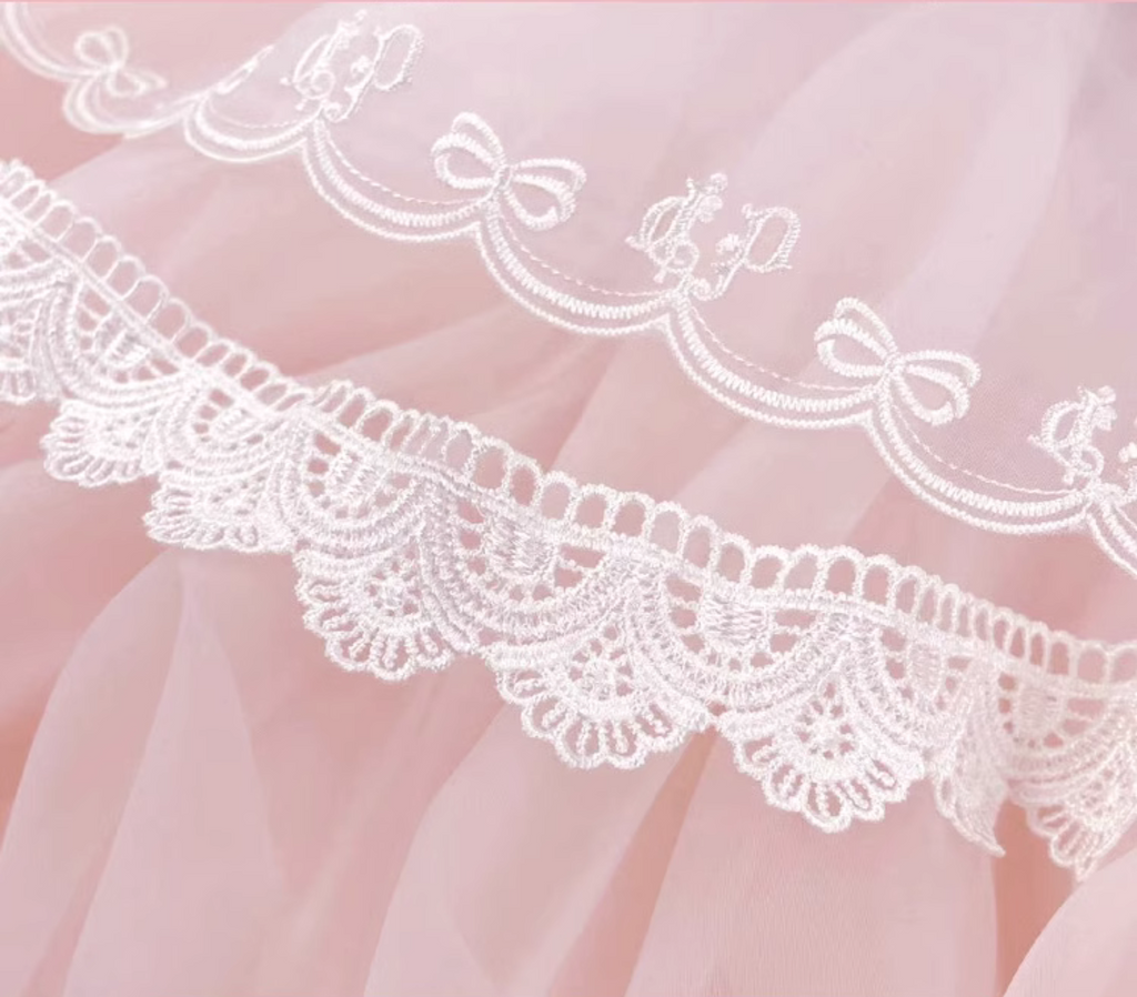 Ribbon embroidered lace dress and head dress available in 8 colors