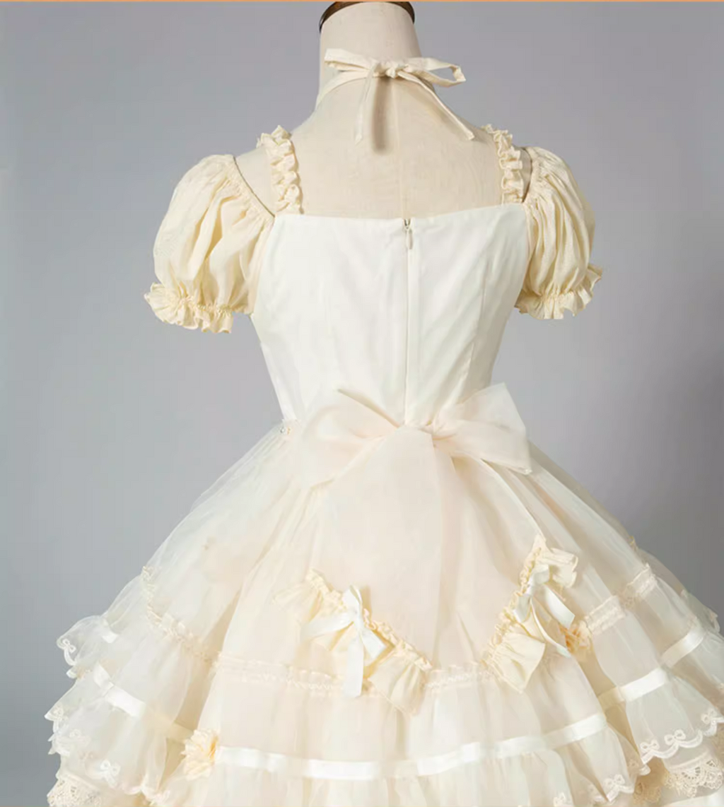 Ribbon embroidered lace dress and head dress available in 8 colors