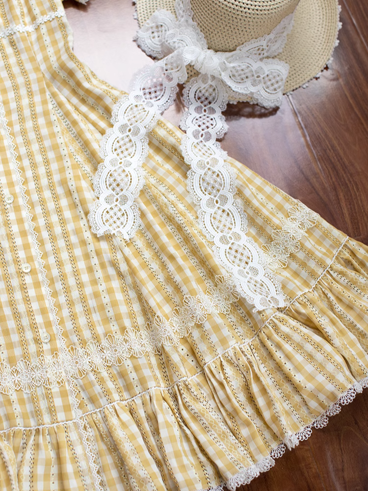 Day's eye Gingham check retro short sleeve dress, 3 colors