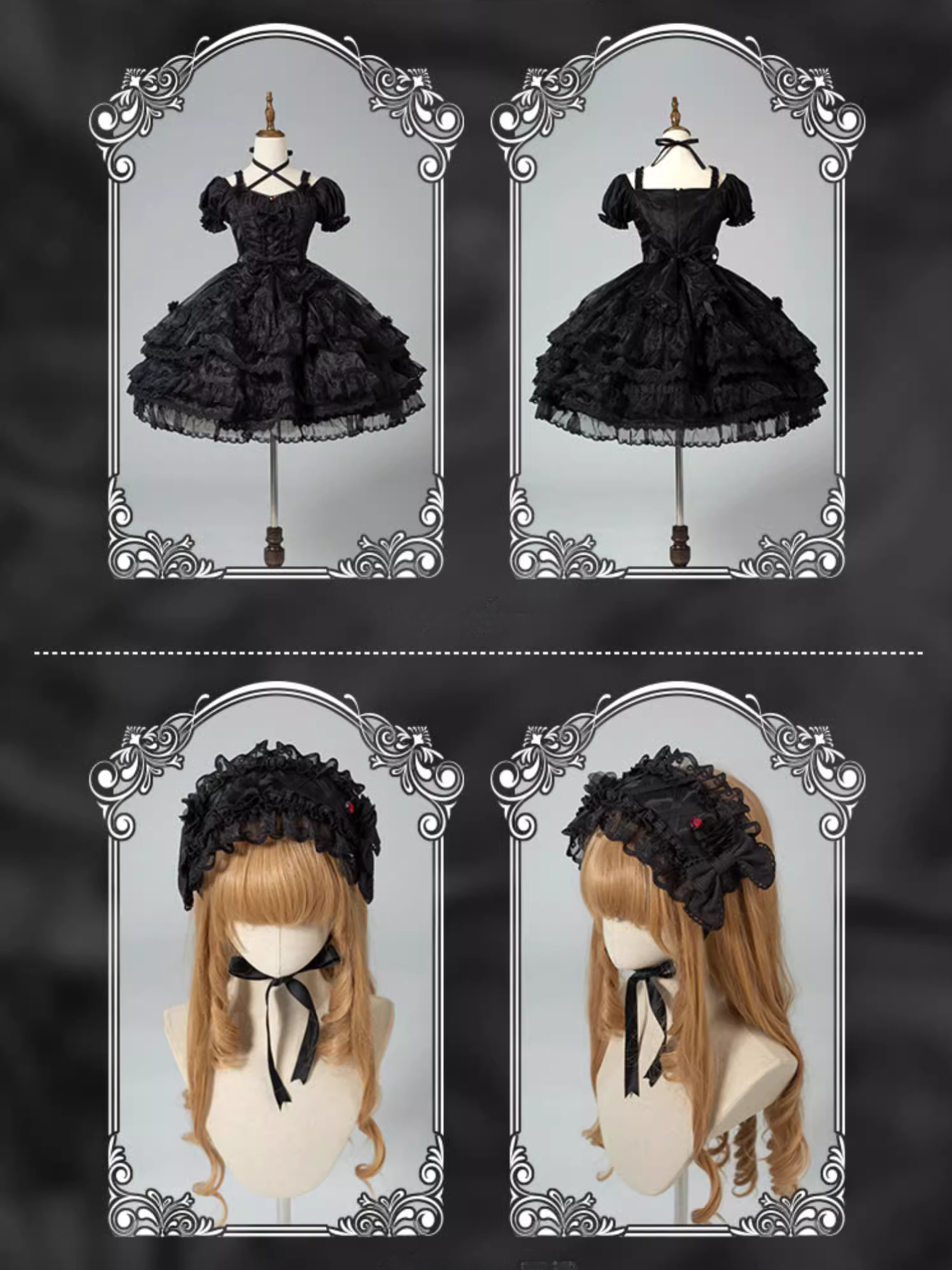 Ribbon embroidered lace dress and head dress available in 8 colors