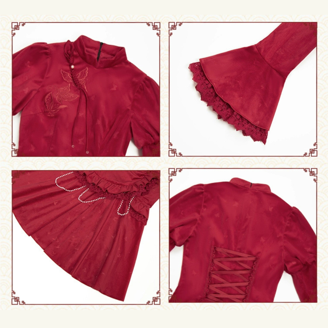 紅蝶 バタフライ刺繍のチャイナ風ドレス