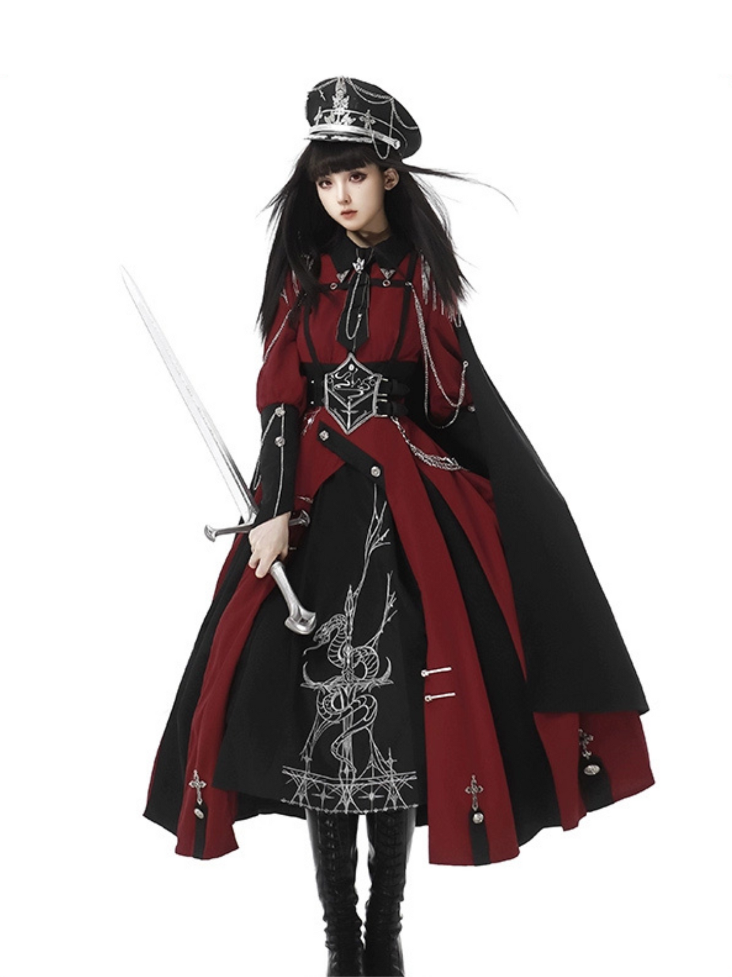 Crimson Knight 蛇刺繍ミリタリーワンピースとマント