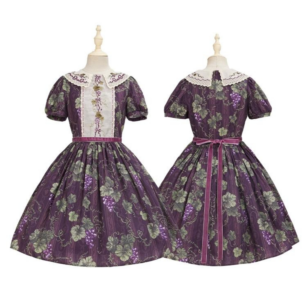 Sunny Rouge Grape pattern embroidered collar short sleeve dress