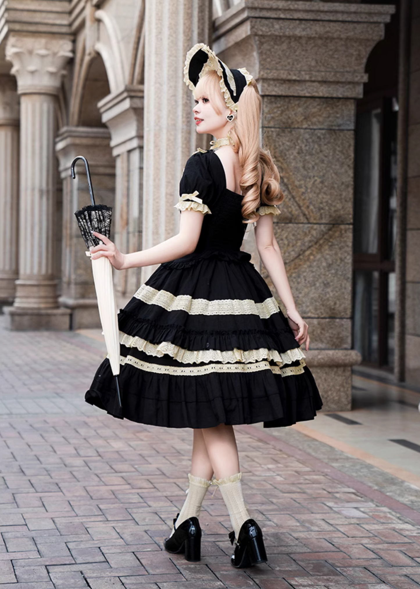 Seventh Night Chapter Front Ribbon Dress with Inner Skirt, Attached Sleeves, and Choker