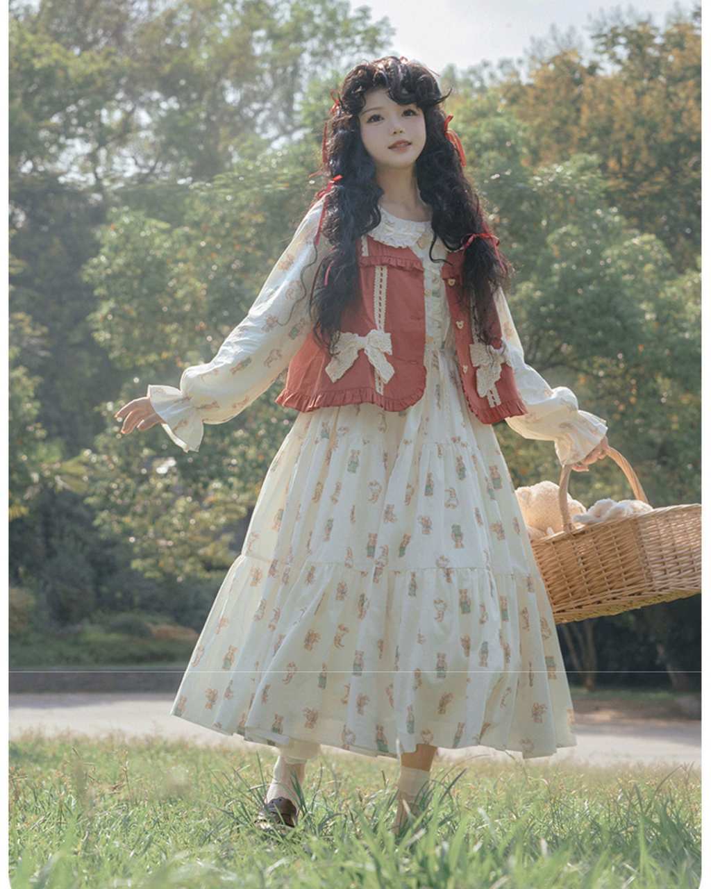 Retro Bear Red Vest and Candy Sleeve Dress