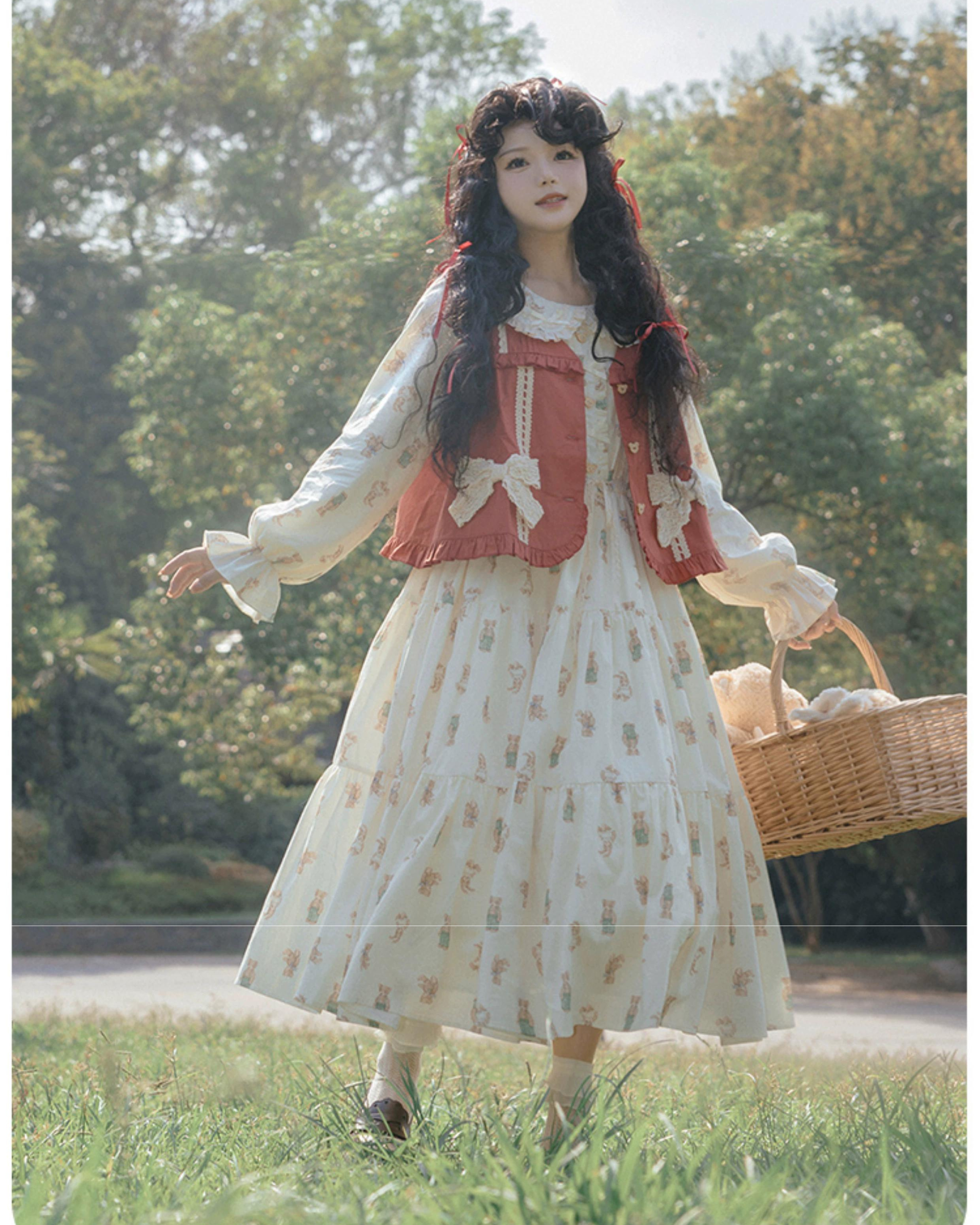 Retro Bear Red Vest and Candy Sleeve Dress