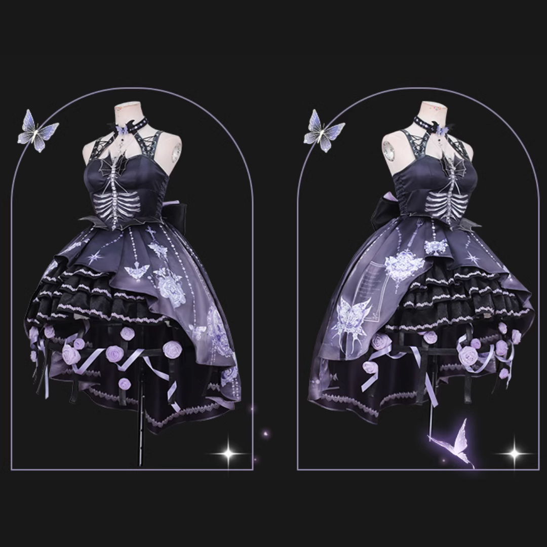 [Pre-order] Bat Wings skeleton pattern jumper skirt and purple rose crinoline