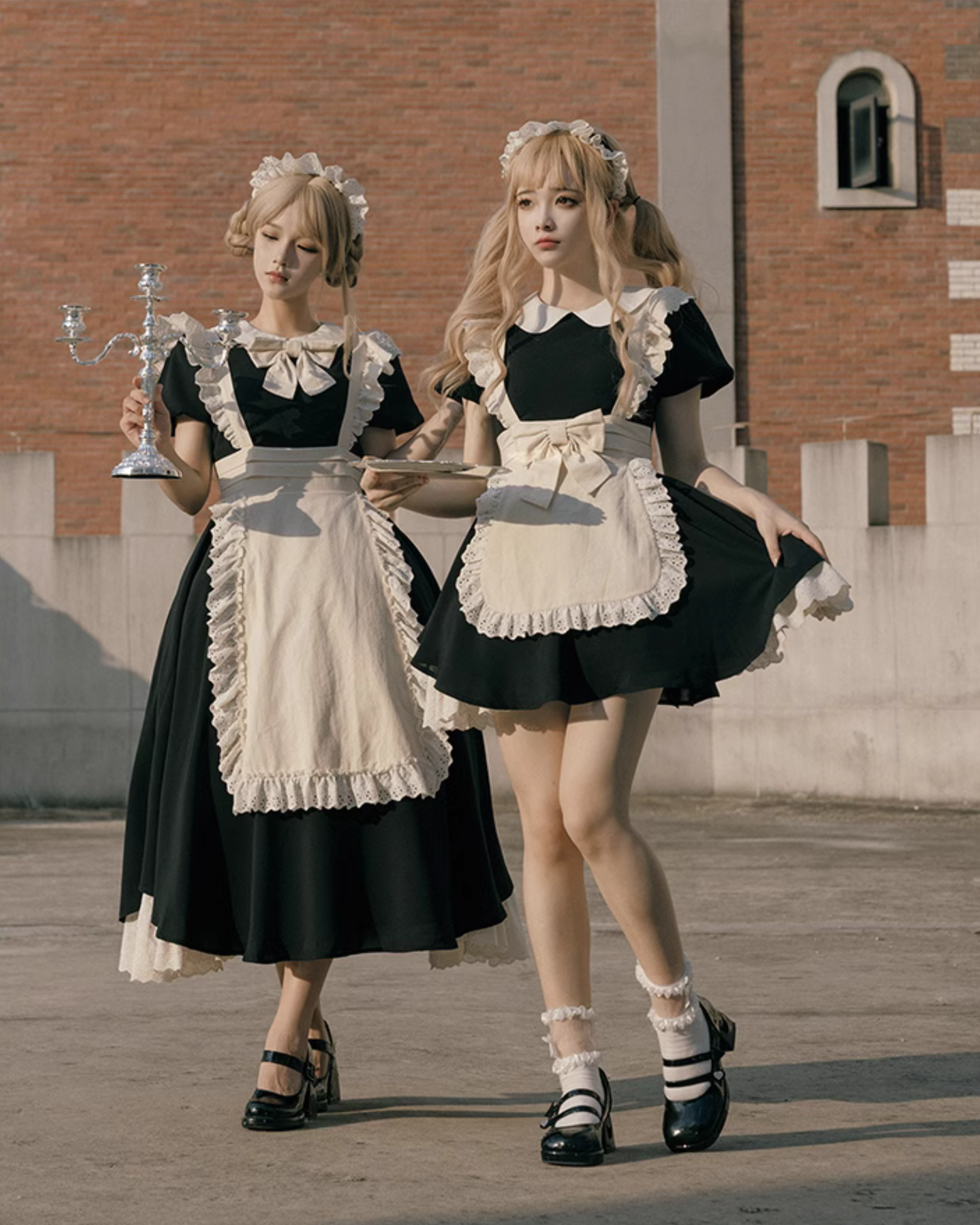 クラシカルエプロンのメイド風ワンピースショート丈 アームスリーブ付き