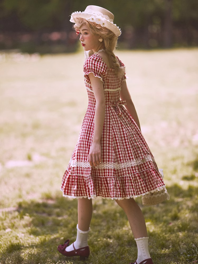 Day's eye Gingham check retro short sleeve dress, 3 colors