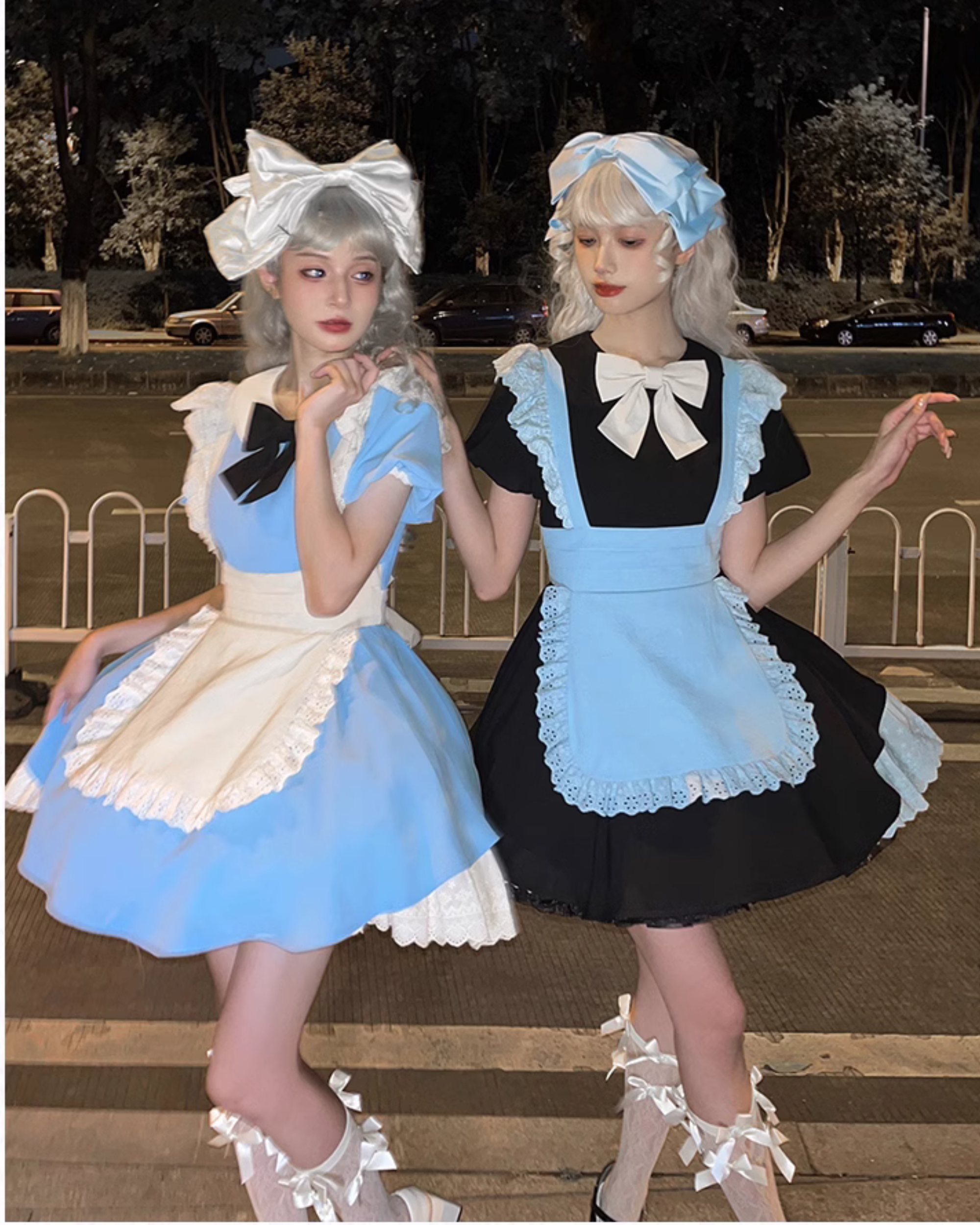 クラシカルエプロンのメイド風ワンピースショート丈 アームスリーブ付き